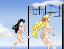 Rule 34 | 1990s (style), 2girls, aino minako, barefoot, bikini, bishoujo senshi sailor moon, blonde hair, bow, breasts, cleavage, cloud, earrings, female focus, hino rei, jewelry, long hair, lowres, multiple girls, open mouth, outdoors, red bow, sky, swimsuit, taichikun14, volleyball, volleyball net