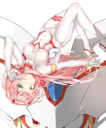 Rule 34 | 10s, 1girl, arm up, blush, bodysuit, breasts, breasts apart, closed mouth, collar, covered navel, darling in the franxx, green eyes, hairband, highres, horns, impossible bodysuit, impossible clothes, long hair, medium breasts, pilot suit, pink hair, simple background, skin tight, smile, solo, strelizia, tosaka teru, upside-down, white background, zero two (darling in the franxx)