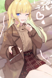 Rule 34 | 1girl, belt, bench, blonde hair, blue eyes, blush, candy, chocolate, chocolate bar, coat, earrings, food, hat, highres, holding, holding food, index finger raised, jewelry, kotake 8, long hair, long sleeves, looking at viewer, nail polish, one eye closed, open mouth, original, plaid, plaid skirt, shirt tucked in, sitting, skirt, smile, solo, sweater