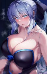Rule 34 | 1girl, after kiss, alternate breast size, black ribbon, blue eyes, blue hair, blush, braid, breasts, cleavage, clothing cutout, collarbone, curvy, dress, fate/grand order, fate (series), french braid, hair between eyes, hair ribbon, highres, hirasawa seiji, huge breasts, long hair, looking at viewer, morgan le fay (fate), morning, navel, navel cutout, ponytail, pubic tattoo, revealing clothes, ribbon, saliva, saliva trail, sidelocks, sitting, solo, steaming body, stomach, sweat, tattoo, thighs, vector trace, window