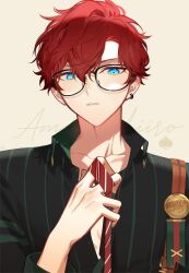 Rule 34 | 1boy, aleo, amagi hiiro, aqua eyes, bespectacled, black-framed eyewear, character name, collared shirt, commentary, earrings, ensemble stars!, glasses, highres, holding necktie, hoop earrings, jewelry, keito lecture (ensemble stars!), long sleeves, male focus, necktie, official alternate costume, open collar, parted lips, partially unbuttoned, red hair, shirt, short hair, single earring, solo, spade (shape), striped clothes, striped necktie, striped shirt, suspenders, symbol-only commentary, upper body, vertical-striped clothes, vertical-striped shirt