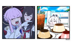 Rule 34 | 3girls, ahoge, animalization, black hair, black sailor collar, blue archive, cat, closed eyes, cup, disposable cup, food, gloves, hair between eyes, halo, jacket, kaya (blue archive), long hair, long sleeves, meme, mildtaste, miyako (blue archive), multiple girls, open mouth, pink hair, plate, pointing, pudding, red gloves, sailor collar, shirt, spoon, teeth, white gloves, white hair, white jacket, white shirt, woman yelling at cat (meme), yukino (blue archive)