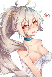 Rule 34 | 1girl, :d, bare shoulders, blue choker, blush, breasts, brown eyes, brown hair, choker, cleavage, collarbone, commentary, dress, earrings, fang, flower, girls&#039; frontline, hair between eyes, hair flower, hair ornament, heart, highres, jewelry, long hair, looking at viewer, medium breasts, meow nyang, nose blush, official alternate costume, open mouth, orange flower, pkp (girls&#039; frontline), pkp (silver star) (girls&#039; frontline), ponytail, simple background, smile, solo, spoken heart, strapless, strapless dress, sweat, upper body, very long hair, white background, white dress