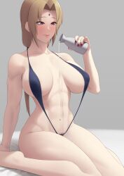 Rule 34 | 1girl, absurdres, alcohol, black one-piece swimsuit, black slingshot swimsuit, blonde hair, bottle, breasts, breasts apart, brown eyes, closed mouth, facial mark, forehead mark, highres, large breasts, looking at object, naruto (series), navel, one-piece swimsuit, pouring, pouring onto self, putcher, red eyes, red nails, revealing clothes, sake, sake bottle, sitting, solo, stomach, swimsuit, tsunade (naruto), wakamezake, wariza