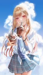 Rule 34 | 1girl, absurdres, barbell piercing, black choker, blonde hair, blue necktie, blue sky, bracelet, choker, cloud, cloudy sky, cowboy shot, cup, day, disposable cup, drinking, drinking straw, ear piercing, earrings, fingernails, gradient hair, grin, highres, holding, holding cup, jewelry, kitagawa marin, long fingernails, long hair, long sleeves, looking at viewer, multicolored hair, nail polish, necktie, outdoors, piercing, pink nails, plaid, plaid skirt, pleated skirt, red eyes, red hair, ring, school uniform, shirt, sinomi, skirt, sky, smile, solo, sono bisque doll wa koi wo suru, swept bangs, teeth, tied shirt, wind