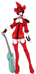 Rule 34 | 1girl, arc system works, bare shoulders, black hair, boots, breasts, choker, cleavage, detached sleeves, dress, electric guitar, fingerless gloves, full body, gloves, guilty gear, guitar, hat, i-no, instrument, large breasts, lipstick, makeup, mole, no bra, pale skin, red eyes, red hat, red thighhighs, short dress, short hair, simple background, smile, solo, thigh boots, thighhighs, usuba kagero (initiative), white background, witch hat, zettai ryouiki