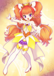 Rule 34 | 1girl, :d, amanogawa kirara, bare shoulders, choker, cure twinkle, earrings, gloves, go! princess precure, highres, jewelry, long hair, magical girl, matanonki, multicolored hair, open mouth, orange hair, precure, purple eyes, red hair, smile, solo, star-shaped pupils, star (symbol), star earrings, symbol-shaped pupils, thighhighs, twintails, two-tone hair, white gloves, white thighhighs