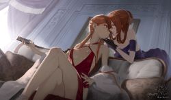 Rule 34 | 2girls, bare legs, bare shoulders, bent over, blue dress, blush, breasts, breasts apart, brown hair, couch, couple, crossed legs, curtains, day, dress, dutch angle, earrings, eye contact, flower, girls&#039; frontline, gloves, green eyes, had (had314), hair between eyes, hair flower, hair ornament, hair ribbon, hair rings, half-closed eyes, heads together, highres, imminent kiss, indoors, jewelry, long hair, looking at another, looking back, medium breasts, multiple girls, neck, off-shoulder dress, off shoulder, official alternate costume, orange hair, ots-14 (girls&#039; frontline), ots-14 (ruler of the banquet) (girls&#039; frontline), ponytail, red dress, ribbon, shadow, sidelocks, springfield (girls&#039; frontline), springfield (queen in radiance) (girls&#039; frontline), yellow eyes, yuri