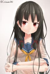 Rule 34 | 1girl, absurdres, black hair, blouse, blue sailor collar, blush, breasts, closed mouth, collarbone, commentary request, crossed arms, expressionless, gradient background, hair censor, hair ribbon, highres, isokaze (kancolle), kantai collection, long hair, long sleeves, looking at viewer, medium breasts, neckerchief, no bra, red eyes, red ribbon, ribbon, sailor collar, school uniform, see-through, serafuku, shirt, sleeve rolled up, solo, tateishi kureha, tress ribbon, tsurime, twitter username, two-tone background, upper body, wet, wet clothes, wet hair, wet shirt, white shirt, yellow neckerchief