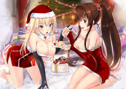 Rule 34 | 10s, 2014, 2girls, absurdres, akasaai, all fours, alternate costume, bare legs, bare shoulders, barefoot, bismarck (kancolle), black gloves, blonde hair, blue eyes, blush, breasts, brown eyes, brown hair, cake, cake slice, christmas, christmas tree, cleavage, cross, detached collar, detached sleeves, dress, elbow gloves, feeding, flower, food, food on body, food on face, fork, fruit, gloves, hair flower, hair ornament, hat, highres, holding, holding fork, holding plate, iron cross, kantai collection, large breasts, leaning forward, long hair, long sleeves, multiple girls, open mouth, plate, pom pom (clothes), ponytail, rug, santa hat, seiza, shiny skin, short dress, sidelocks, sitting, smile, strapless, strapless dress, strawberry, very long hair, yamato (kancolle)