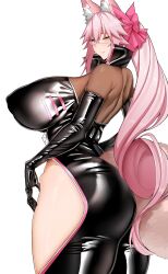 Rule 34 | 1girl, absurdres, animal ears, arind yudha, ass, black bodysuit, black gloves, blush, bodysuit, breasts, elbow gloves, fate/grand order, fate (series), fox ears, fox tail, from side, glasses, gloves, hair ornament, highres, hip vent, huge breasts, koyanskaya (assassin) (first ascension) (fate), koyanskaya (fate), long hair, looking at viewer, looking to the side, parted lips, pink hair, simple background, smile, solo, tail, tamamo (fate), white background, yellow eyes