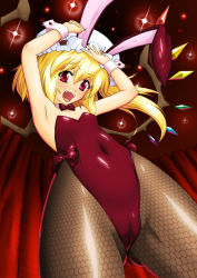 Rule 34 | 1girl, animal ears, armpits, blonde hair, bow, bowtie, rabbit ears, playboy bunny, cameltoe, cocoa (cocoa0191), detached collar, female focus, fishnet pantyhose, fishnets, flandre scarlet, flat chest, foreshortening, from below, hat, long hair, nail polish, pantyhose, perspective, red eyes, solo, touhou, wings, wrist cuffs