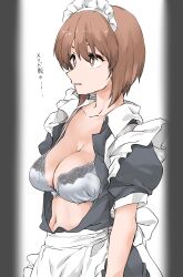 Rule 34 | 1girl, alternate costume, apron, back bow, black dress, bow, bra, breasts, bright pupils, brown eyes, brown hair, cleavage, collared dress, commentary, dress, elf (stroll in the woods), enmaided, frilled apron, frills, girls und panzer, grey bra, highres, light smile, looking to the side, maid, maid headdress, medium breasts, navel, nishizumi miho, open mouth, puffy short sleeves, puffy sleeves, short hair, short sleeves, solo, translated, unbuttoned, underwear, waist apron, white apron, white bow, white pupils