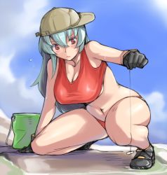 Rule 34 | 00s, 1girl, arm support, bikini, blush, breasts, bucket, cloud, day, gloves, hat, kneeling, large breasts, long hair, aged up, red bikini, red eyes, rozen maiden, silver hair, sky, solo, suigintou, sweat, swimsuit, tsuda nanafushi
