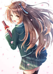 Rule 34 | 1girl, :d, akashio (loli ace), black thighhighs, blazer, blue neckwear, blush, brown eyes, brown hair, collared shirt, commentary request, cowboy shot, floating hair, from behind, green jacket, grey skirt, hair ribbon, highres, holding, jacket, long hair, long sleeves, looking at viewer, looking back, miniskirt, one side up, open mouth, original, petals, plaid, plaid skirt, pleated skirt, red ribbon, ribbon, school uniform, shirt, sidelocks, skirt, smile, solo, standing, thighhighs, very long hair, white background, zettai ryouiki