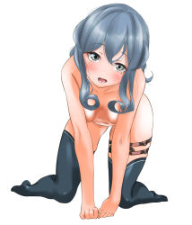 Rule 34 | 1girl, all fours, blue eyes, blue hair, blush, breasts, gotland (kancolle), hair between eyes, hanging breasts, highres, kantai collection, long hair, looking at viewer, mole, mole under eye, nude, open mouth, simple background, small breasts, solo, tama (tamago), thigh strap, thighhighs, white background