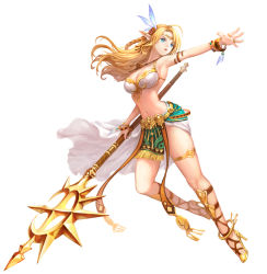 Rule 34 | armlet, armor, bangle, bikini armor, blonde hair, blue eyes, bracelet, braid, elf, feather hair ornament, feathers, full body, hair ornament, high heels, jewelry, long hair, looking to the side, midriff, mingjeung seo, navel, original, outstretched hand, pointy ears, ring, solo, staff