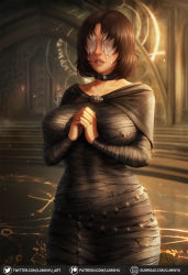 Rule 34 | 1girl, artist name, bandages, black hair, blurry, blurry background, breasts, demon&#039;s souls, gumroad username, highres, luminyu, maiden in black, own hands together, parted lips, patreon username, praying, solo, twitter username, wax