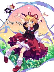 Rule 34 | 1girl, amo (shibu3), arms up, black shirt, blonde hair, bloomers, blue eyes, blush, doll, dress, female focus, field, flower, flower field, hair ribbon, loafers, medicine melancholy, open mouth, outstretched arms, red dress, ribbon, shirt, shoes, solo, su-san, touhou, underwear, upskirt, wings