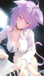 Rule 34 | 1girl, :q, ahoge, animal ear fluff, animal ears, blush, breasts, cat ears, cat girl, cat tail, choker, cleavage, collarbone, highres, hololive, kakage, large breasts, licking lips, long sleeves, looking at viewer, nekomata okayu, purple eyes, purple hair, shirt, short hair, smile, solo, tail, thighs, tongue, tongue out, virtual youtuber, white shirt