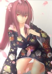 Rule 34 | 1girl, breasts, cleavage, fate/grand order, fate (series), japanese clothes, kesoshirou, kimono, kneeling, long hair, looking at viewer, petals, ponytail, purple hair, red eyes, scathach (fate), scathach (fate), smile, solo