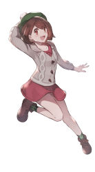 1girl, :d, absurdres, bob cut, boots, brown eyes, brown footwear, brown hair, buttons, cardigan, collared dress, commentary request, creatures (company), dress, game freak, gloria (pokemon), green headwear, green legwear, grey cardigan, hand on headwear, hat, highres, knees, leg up, nintendo, odd (hin yari), open mouth, outstretched arm, pink dress, plaid, plaid legwear, pokemon, pokemon (game), pokemon swsh, short hair, simple background, smile, socks, solo, tam o&#039; shanter, teeth, tongue, white background