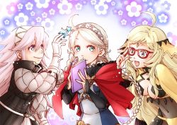 Rule 34 | 3girls, ahoge, blonde hair, blue eyes, book, braid, breasts, bridal gauntlets, capelet, center opening, circlet, cleavage, closed mouth, covered navel, ebi puri (ebi-ebi), fire emblem, fire emblem fates, fire emblem heroes, flower (symbol), glasses, gloves, hair ornament, hairband, holding, holding book, long hair, long sleeves, medium breasts, multiple girls, nina (fire emblem), nintendo, open book, open mouth, ophelia (fire emblem), pink eyes, pink hair, smile, soleil (fire emblem), twin braids, twintails, white hair