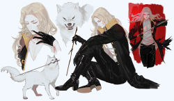 Rule 34 | 1boy, alucard (castlevania), androgynous, angry, animal, belt, bishounen, black belt, black cape, black footwear, black gloves, black pants, blonde hair, boots, cape, castlevania (netflix), castlevania (series), closed eyes, closed mouth, collage, cropped legs, dhampir, european clothes, fangs, full body, glove pull, gloves, half-human, high collar, highres, holding, holding stick, holding sword, holding weapon, long hair, looking at viewer, looking down, male focus, mouth hold, nightarmster, pants, pectoral cleavage, pectorals, red background, sheath, shirt, simple background, sitting, snout, solo, stick, sword, tail, teeth hold, undead, unsheathing, vampire, weapon, white background, white shirt, white wolf, yellow eyes
