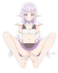 Rule 34 | 1girl, 2018, barefoot, blush, breasts, dated, elf, elnowar seylan, endro!, feet, flower, hair flower, hair ornament, hairband, highres, midriff, navel, no panties, pointy ears, purple eyes, purple hair, pussy, sasami1561, simple background, skirt, small breasts, solo, uncensored, white background