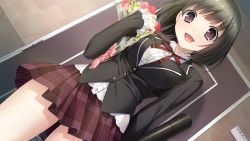 Rule 34 | 1girl, black hair, blush, bouquet, breasts, door, flower, game cg, happy, haru kiss, legs, looking at viewer, marui (koedame), open mouth, pink eyes, seto konomi, short hair, skirt, small breasts, smile, solo, standing, thighs