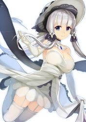 Rule 34 | 1girl, ahoge, azur lane, bad proportions, black footwear, blue eyes, breasts, cleavage, dress, elbow gloves, garter straps, gloves, hair ornament, hair ribbon, hat, highres, illustrious (azur lane), large breasts, long hair, looking at viewer, mole, mole under eye, ponytail, ribbon, satoshiki, sidelocks, simple background, skirt hold, smile, solo, strapless, strapless dress, sun hat, thighhighs, white background, white dress, white gloves, white hair, white hat, white thighhighs