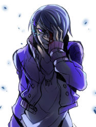 Rule 34 | 10s, 1girl, aoto (divine gate), blood, blood on face, blue eyes, blue hair, cropped jacket, divine gate, female focus, hair ornament, hairclip, hand over eye, injury, jewelry, kaneaki mukku, male focus, matching hair/eyes, necklace, one eye covered, solo