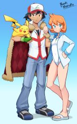 Rule 34 | 1boy, 1girl, absurdres, aged up, argyle, ash ketchum, black hair, blue background, brown eyes, cape, closed mouth, commentary, commission, creatures (company), denim, english text, eyelashes, flip-flops, flipped hair, full body, fur-trimmed cape, fur trim, game freak, gen 1 pokemon, gradient background, green eyes, hand on own hip, hat, highres, in-franchise crossover, jacket, knees, long sleeves, looking at viewer, misty (pokemon), mr.thunderigor, nintendo, one-piece swimsuit, open clothes, open jacket, orange hair, pants, pikachu, pokemon, pokemon (anime), pokemon hgss, red cape, sandals, shoes, smile, standing, swimsuit, thank you, white jacket, white one-piece swimsuit