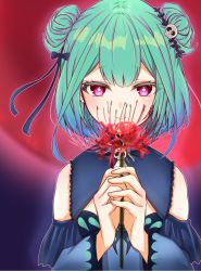 Rule 34 | 1girl, animal print, blue dress, butterfly print, closed mouth, commentary, detached sleeves, double bun, dress, ear piercing, eyelashes, flower, green hair, hair bun, hair ornament, highres, holding, holding flower, hololive, kokechan, lips, looking at viewer, moon, outline, own hands together, piercing, purple eyes, red moon, short hair, skull hair ornament, smile, solo, spider lily, upper body, uruha rushia, uruha rushia (1st costume), virtual youtuber, wide sleeves