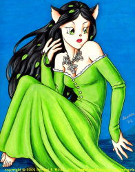 Rule 34 | 00s, 1girl, 2002, animal ears, barefoot, bewildered, black hair, blue background, breasts, cat ears, cat girl, cleavage, collarbone, dress, green dress, green eyes, hair ornament, jewelry, leaf, leaf hair ornament, leaf necklace, long hair, long sleeves, looking to the side, medium breasts, necklace, red lips, sitting, solo, tail, traditional media