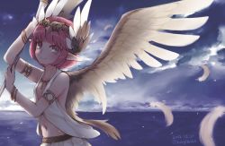 Rule 34 | 1girl, bangle, bare shoulders, blue eyes, bracelet, circe (fate), circlet, cloud, cloudy sky, dated, fate/grand order, fate (series), feathers, head wings, holding, jewelry, kagikake, navel, ocean, open clothes, pink hair, pointy ears, short hair, sky, solo, twitter username, upper body, wings