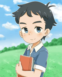 Rule 34 | 1boy, antenna hair, aoyama-kun (penguin highway), black hair, blue eyes, blue shirt, blush, book, buttons, child, closed mouth, cloud, forest, grass, looking at viewer, male focus, nature, outdoors, penguin highway, shiny skin, shirt, sky, smile, solo, solo focus, spiked hair, tjugemu