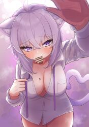 Rule 34 | 1girl, absurdres, ahoge, animal ear fluff, animal ears, blush, breasts, cat ears, cat girl, cat tail, chocolate, chocolate on body, chocolate on breasts, cleavage, food in mouth, food on body, heart, heart tail, highres, hololive, large breasts, looking at viewer, naked shirt, nekomata okayu, nekomata okayu (oversized shirt), purple eyes, purple hair, purple ribbon, ribbon, shirt, smile, solo, tail, tkc (user snjd8547), valentine, virtual youtuber, white shirt