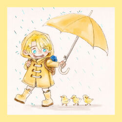 Rule 34 | 1boy, aged down, bag, bird, blonde hair, blue eyes, boots, butterprince, child, coat, commentary, curly eyebrows, duck, english commentary, full body, highres, holding, holding umbrella, male focus, one piece, open mouth, rain, sanji (one piece), shoulder bag, smile, umbrella, walking, yellow coat, yellow umbrella