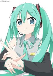 Rule 34 | 1girl, absurdres, aqua hair, aqua nails, aqua necktie, bad id, bad pixiv id, black sleeves, blue eyes, blush stickers, closed mouth, cynical (llcbluckg c004), detached sleeves, grey shirt, hair between eyes, hatsune miku, highres, long hair, looking at viewer, nail polish, necktie, shirt, simple background, smile, solo, twintails, twitter username, upper body, vocaloid, white background