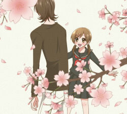 1boy 1girl black_hair black_shirt blue_serafuku blurry blurry_foreground brown_eyes brown_hair cherry_blossoms denim facing_away falling_petals grin hair_ornament hairpin height_difference jeans legs_apart long_sleeves looking_at_another midousuji_akira mullet neckerchief open_mouth outstretched_arms pants paper_texture petals pleated_skirt red_neckerchief school_uniform serafuku shirt short_hair short_twintails skirt smile suta102 swept_bangs twintails white_background white_pants yowamushi_pedal yuki-chan_(yowamushi_pedal)