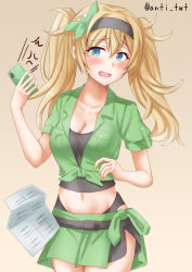 Rule 34 | 1girl, anti (untea9), bikini, blonde hair, blue eyes, breasts, cellphone, cleavage, collarbone, collared shirt, cowboy shot, food, full body, gambier bay (kancolle), gambier bay mk ii (kancolle), gradient background, green shirt, green skirt, hair between eyes, hairband, highres, kantai collection, long hair, medium breasts, midriff, navel, notes, official alternate costume, open mouth, phone, shirt, short sleeves, shorts, skirt, smartphone, smile, solo, swimsuit, twintails, twitter username, yellow background