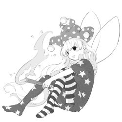Rule 34 | 1girl, american flag dress, american flag pants, american flag print, blush, clownpiece, dress, fairy wings, fire, greyscale, hair between eyes, hat, jester cap, kaigen 1025, long hair, monochrome, neck ruff, no shoes, open mouth, pants, pantyhose, polka dot, print pants, short sleeves, simple background, sitting, smile, solo, star (symbol), star print, striped clothes, striped dress, striped pants, torch, touhou, white background, wings