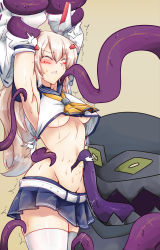 Rule 34 | 1girl, ^ ^, armpits, arms up, ascot, ayanami (azur lane), azur lane, bakasenpai, belt, blue skirt, blush, bound, breasts, clenched teeth, closed eyes, commentary, crossover, detached sleeves, gonococcus (hataraku saibou), groin, hair ornament, hairclip, hataraku saibou, hataraku saibou black, headgear, highres, licking, long hair, midriff, navel, open mouth, pleated skirt, ponytail, restrained, retrofit (azur lane), school uniform, serafuku, sidelocks, silver hair, simple background, skirt, sweat, teeth, tentacles, thighhighs, tied up, tongue, tongue out, trembling, underboob, white thighhighs, wide sleeves, zettai ryouiki