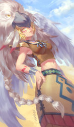 Rule 34 | 1girl, animal helmet, arm tattoo, armpits, bangle, bird, blonde hair, blue sky, bracelet, braid, breasts, brown choker, brown shirt, choker, cleavage, cloud, cloudy sky, collarbone, commentary request, covered erect nipples, cowboy shot, day, duel monster, eagle, eyebrows hidden by hair, facial tattoo, feathered wings, feathers, guardian eatos, hair between eyes, hand on own hip, headdress, impossible clothes, impossible shirt, jewelry, li jing, long skirt, looking at viewer, midriff, navel, necklace, parted lips, print skirt, shirt, short hair, shoulder pads, sidelocks, signature, skirt, sky, sleeveless, sleeveless shirt, smile, solo, standing, tattoo, wings, yellow eyes, yellow skirt, yu-gi-oh!