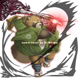 1boy bara brown_fur colored_sclera dr_whiger full_body furry furry_male gloves glowing gourd green_kimono grimace gyobu_(housamo) highres holding holding_sword holding_weapon japanese_clothes kimono loincloth male_focus raccoon_boy sandals solo sword tears tokyo_houkago_summoners weapon white_background yellow_sclera