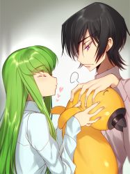 Rule 34 | 1boy, 1girl, black hair, black hat, blue shirt, blush, c.c., cheese-kun, closed eyes, closed mouth, code geass, couple, creayus, expressionless, fingernails, from side, gradient background, green hair, hat, heart, height difference, hetero, holding, jealous, lelouch vi britannia, long hair, long sleeves, pouty lips, puff of air, purple eyes, shirt, sidelocks, sleeves past wrists, straight hair, upper body