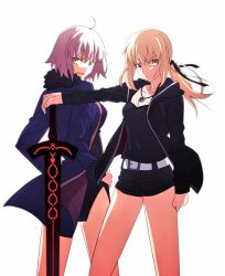 Rule 34 | 2girls, artoria pendragon (all), artoria pendragon (fate), belt, blonde hair, casual, chietori, fate/grand order, fate (series), fur trim, hand on own hip, jacket, jeanne d&#039;arc (fate), jeanne d&#039;arc (ruler) (fate), jeanne d&#039;arc alter (fate), jeanne d&#039;arc alter (ver. shinjuku 1999) (fate), jewelry, multiple girls, necklace, official alternate costume, saber (fate), saber alter, saber alter (ver. shinjuku 1999) (fate), shorts, silver hair, skirt, sword, weapon, yellow eyes
