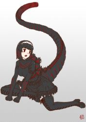 Rule 34 | 1girl, black hair, boots, cross-laced footwear, elbow gloves, frills, full body, gloves, godzilla, godzilla (series), godzilla (shin), hair ornament, hairband, kemono friends, kishida shiki, lace-up boots, leaning forward, long tail, looking to the side, medium hair, multicolored hair, open mouth, personification, red eyes, red hair, shin godzilla, sitting, skirt, solo, sweater, tail, thigh boots, thighhighs, two-tone hair, zettai ryouiki
