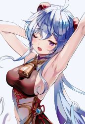 Rule 34 | 1girl, ahoge, armpits, arms up, bell, blue hair, blush, bodysuit, breasts, chinese clothes, cowbell, curled horns, detached sleeves, flower knot, from side, ganyu (genshin impact), genshin impact, hair between eyes, highres, horns, jewelry, long hair, looking at viewer, looking to the side, luna nyann, medium breasts, multicolored bodysuit, multicolored clothes, one eye closed, open mouth, purple eyes, sideboob, sidelocks, sleeveless, solo, tongue, upper body, white background